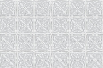 Embossed white background, tribal cover design. Geometric elegant 3D pattern, press paper, leather. Boho, handmade. Ethnic motifs of the countries of the East, Asia, India, Mexico, Aztecs, Peru.