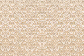 Embossed light background, tribal cover design. Geometric vintage 3D pattern, press paper, leather. Boho, handmade. Ethnic motifs of the countries of the East, Asia, India, Mexico, Aztecs, Peru.