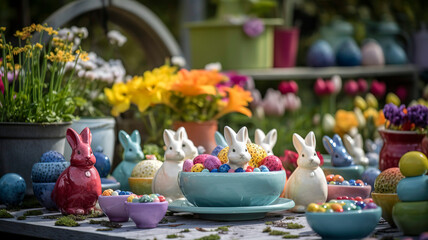 Obraz na płótnie Canvas Vibrant Easter scene featuring a collection of ceramic bunnies, colorful eggs, and blooming spring flowers arranged in a garden.