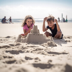 Fototapeta premium A Day of Joy: Children Discover Paradise at the Beach - Generative AI
