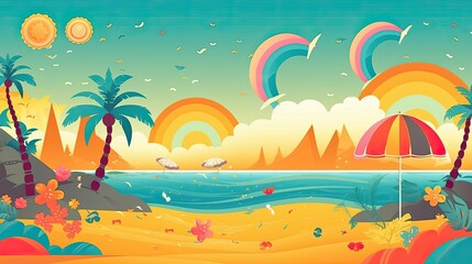 Fototapeta na wymiar Colorful summer wallpaper. The beach with tropical leaves. Generative AI