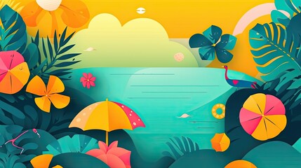 Naklejka na ściany i meble Colorful summer wallpaper. The beach with tropical leaves. Generative AI