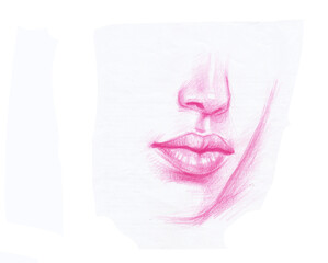 face with nose and red lips pencil color drawing for card decoration illustration