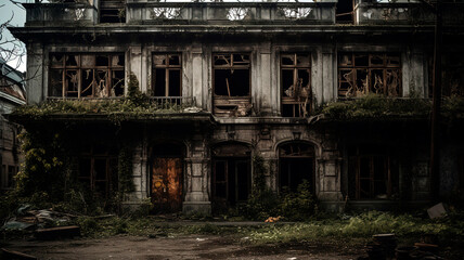 An intriguing and mysterious photo of an abandoned building, with peeling paint, broken windows, and a haunting atmosphere.