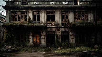 Fototapeta premium An intriguing and mysterious photo of an abandoned building, with peeling paint, broken windows, and a haunting atmosphere.