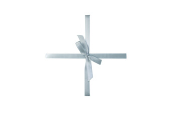 Gray silver satin ribbon bow tied on the square gift box isolated transparent png