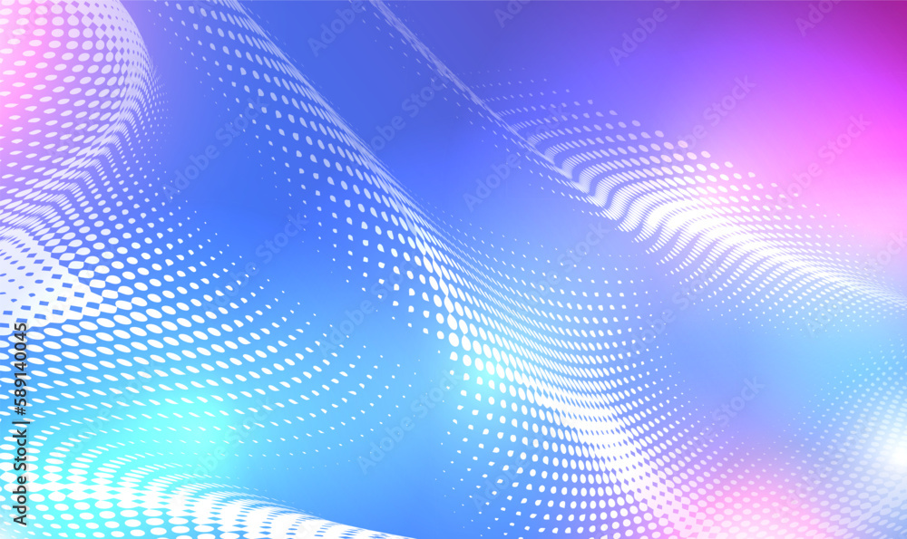 Fototapete Flowing dots particles wave pattern halftone gradient curve shape. Abstract 3D sci-fi user interface concept with gradient dots and lines. Digital future Technology, science, AI, music, modern. Vector