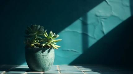 Green succulent in concrete plant pot with decorative shadows on a blue wall and table surface in home interior. Minimalist vertical background. Generative AI.