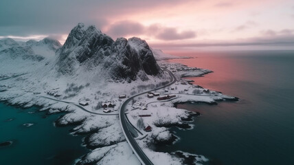 Aerial drone view from Lofoten in Norway scandinavia. Winter landscape, small town and roads.