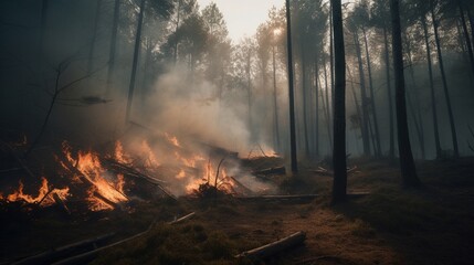 Forest fire in the forest. The concept of disaster and ecology,Burning dry grass and trees in the forest.Generative Ai