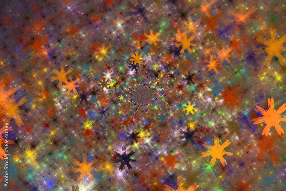 Poster multicolored blurred pattern of small flowers on a black background. abstract fractal 3d rendering