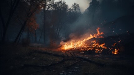 Forest fire in the forest. The concept of disaster and ecology,Burning dry grass and trees in the forest.Generative Ai
