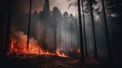 Forest fire in the forest. The concept of disaster and ecology,Burning dry grass and trees in the forest.Generative Ai