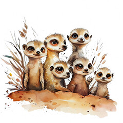 Cute small suricate animal watercolor. African wildlife. Illustration for children nursery and cards. Generative AI