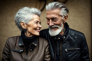 Generative AI image of elderly wrinkled smiling couple with gray hair and in leather jackets standing against brown background and looking at each other