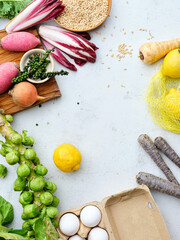 Healthy food set top view. Zero waste food shoppping. Cooking vegetarian ciusine