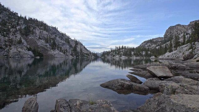 View from shore of Everly Lake in Sawtooth Wilderness Stanley Idaho