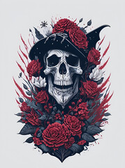 Dead Skull wearing pirate hat. AI generated illustration