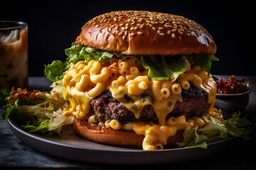 rustic american mac and cheese hamburger, generative ai