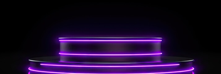 A neon podium on a black background. Podium for promotion brand. Empty stage for product presentation or fashion show performance, pedestal in nightclub dance floor glowing in darkness.Generate AI