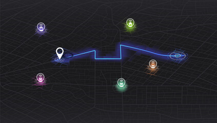 Location tracks dashboard. City map application with navigation UI. Determining location on the plan of abstract city. Path turns and destination tag or mark. Huge city top view.