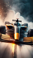 Racing High-Speed Open-Wheel Car in Black and Orange, with an Aerodynamic Design and a Driver Pushing it to its Limits on a Track, Leaving Smoke behind the Wheels, made with Generative AI