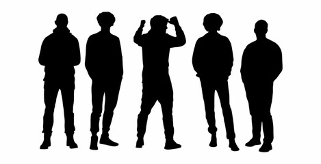 vector set of silhouettes of men standing in several different side slides and gestures  
