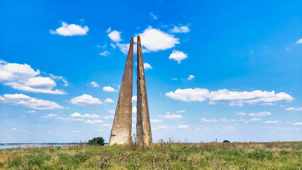 Stella to Lieutenant Schmidt on the Berezan Island. Dry steppe grass and Blue sky. Ukraine. Europe	