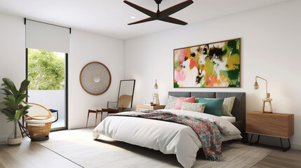 Bright and Inviting: Relax in a Modern Living Room with Spinning Ceiling Fan and Abstract Art Piece, generated by IA 