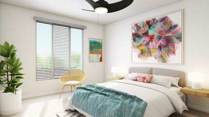Tropical Paradise: A Modern Living Room with a Colorful Bedspread and Rattan Frame, generated by IA 