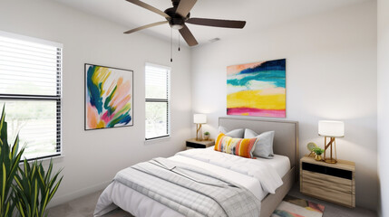 Tropical Dreams: Relax in a Bright and Airy Living Room with Rattan Frame and Colorful Bedspread, generated by IA 