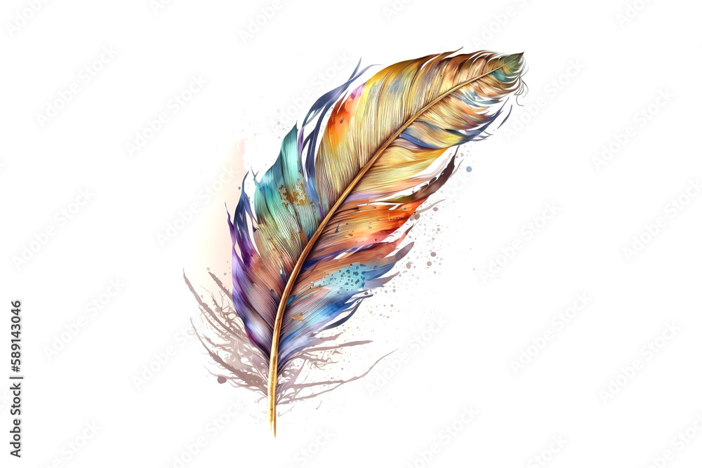 Poster bird feather drawn with multicolored watercolors isolated on white background. generated by ai