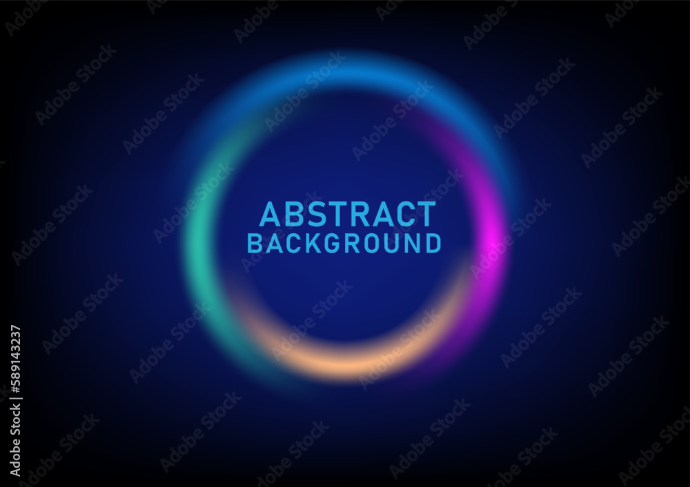 Poster abstract circle technology background made from curved lines. bright multicolored laser light glows.
