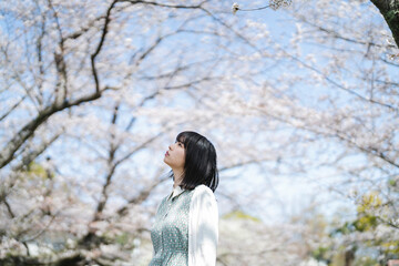 桜の花を見るショートヘアの女性