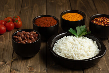 Dominican food with white rice and varius spices