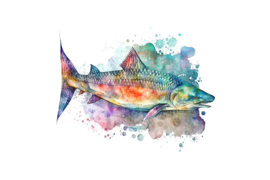 recommend clip art: sturgeon is drawn with multi-colored watercolors isolated on a white background. Generated by AI