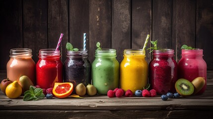 Fototapeta na wymiar colorful smoothies, a healthy diet, fresh, wooden background, generative AI