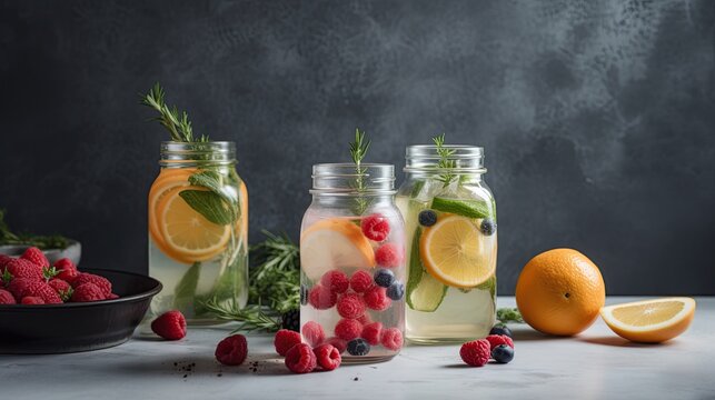 fruit and citrus infused water, jars, closeup, healthy drinks, blueberries, raspberries, orange slices, rosemary, generative AI