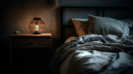 Bedroom with a gray bed, a nightstand, and a lamp. The photo is taken with artificial light coming from the lamp.