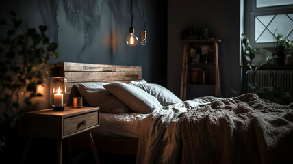 Bedroom with a gray bed, a nightstand, and a lamp. The photo is taken with artificial light coming from the lamp.