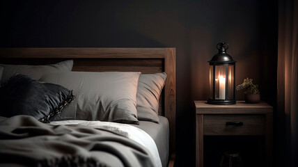 Bedroom with a gray bed, a nightstand, and a lamp. The photo is taken with artificial light coming...