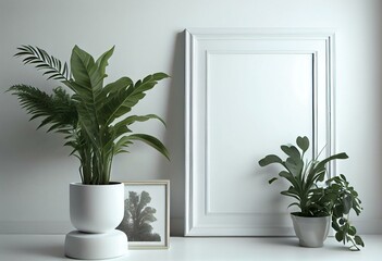 White room with a blank art frame, furniture, plants. Generative AI