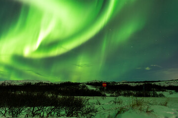 imagen de un paisaje nocturno nevado, con montañas al fondo y una aurora boreal en el cielo de Islandia  - obrazy, fototapety, plakaty