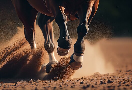 The shod hooves of a galloping bay horse step on the sand of an outdoor arena at equestrian competitions. Horse riding. Equestrian sports. Generative AI