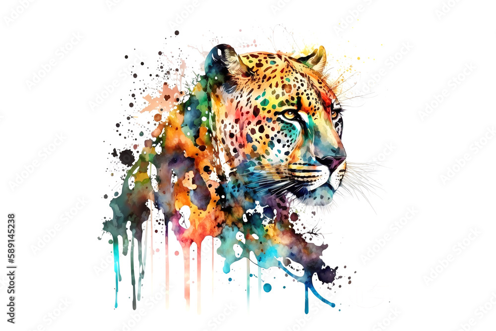 Poster leopard is drawn with multi-colored watercolors isolated on a white background. generated by ai