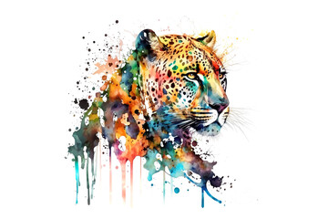 leopard is drawn with multi-colored watercolors isolated on a white background. Generated by AI