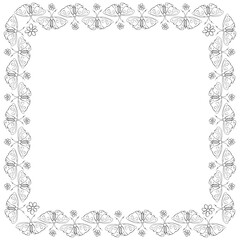 Vector square frame, border from contoured cute butterflys and flowers in doodle style. Simple background, decoration of topic of spring, summer, holiday postcard, coloring page, kids or nature design