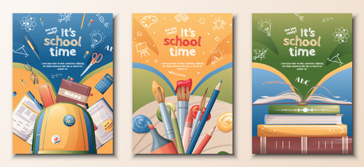 School banners set. Back to school, knowledge, education. Posters with school textbooks, books, backpack, paints. Vector set of a4 size flyers. © Siawi_art