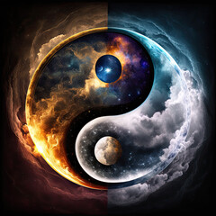 Yin yang in the universe. Balancing forces. Opposite interconnected forces. Generative AI