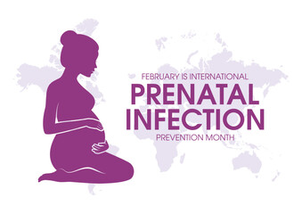 February is International Prenatal Infection Prevention Month vector. Profile view attractive pregnant kneeling woman purple silhouette icon vector. Important day